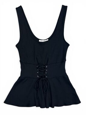 Express Black Ribbed Lace-Up Peplum Tank Top